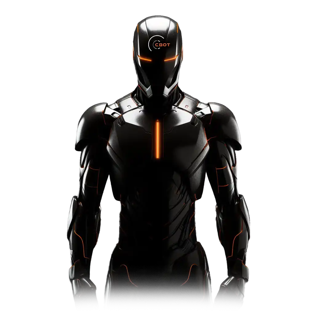 a man in a black robot suit with a orange light on his chest